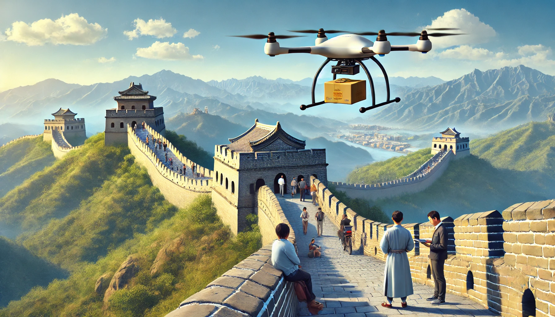 Livraison de repas par drone sur la Grande Muraille de Chine
